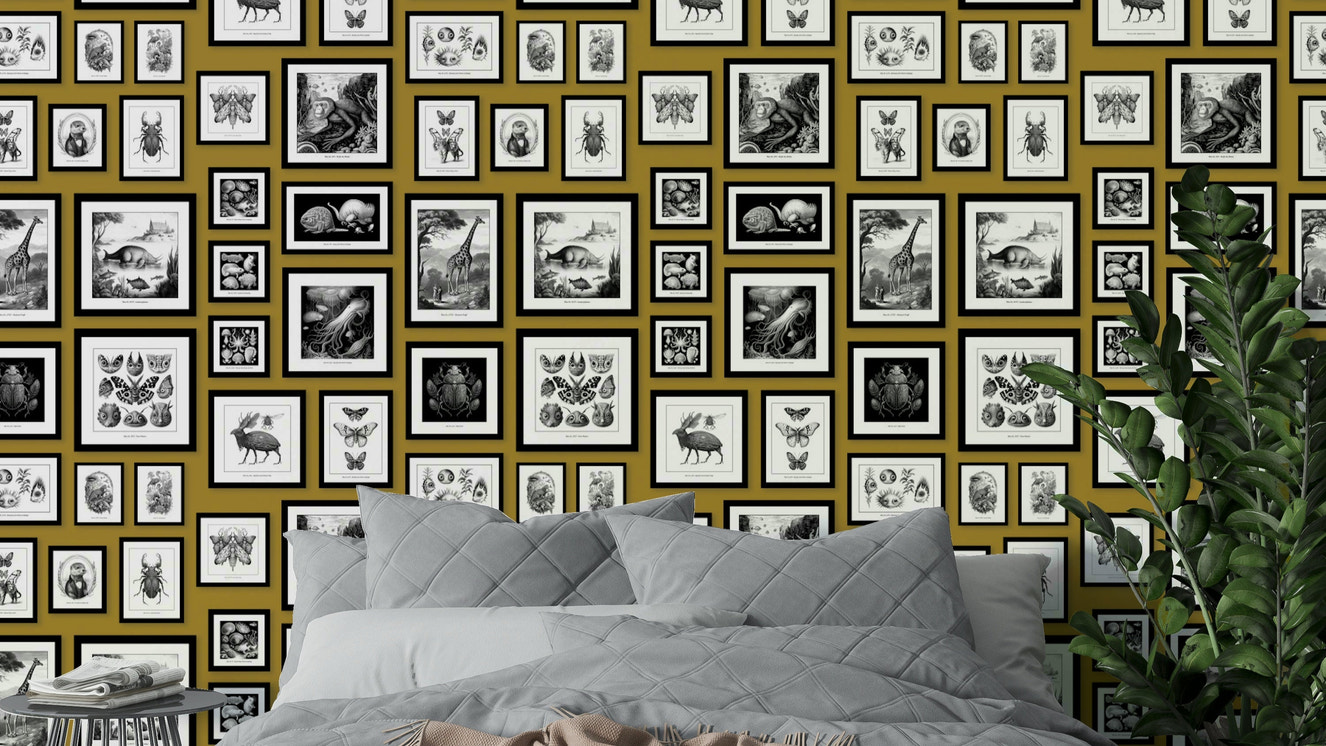 Vibrant mustard wallpaper with illustrated creatures

