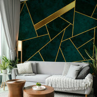 Dark teal abstract mural featuring shimmering gold details

