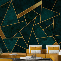 Bold gold line mural over deep teal marble texture

