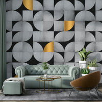 Dramatic mid-century geometric mural with gold and concrete

