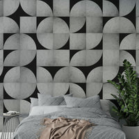 Mid-century concrete mosaic wall mural with geometric patterns

