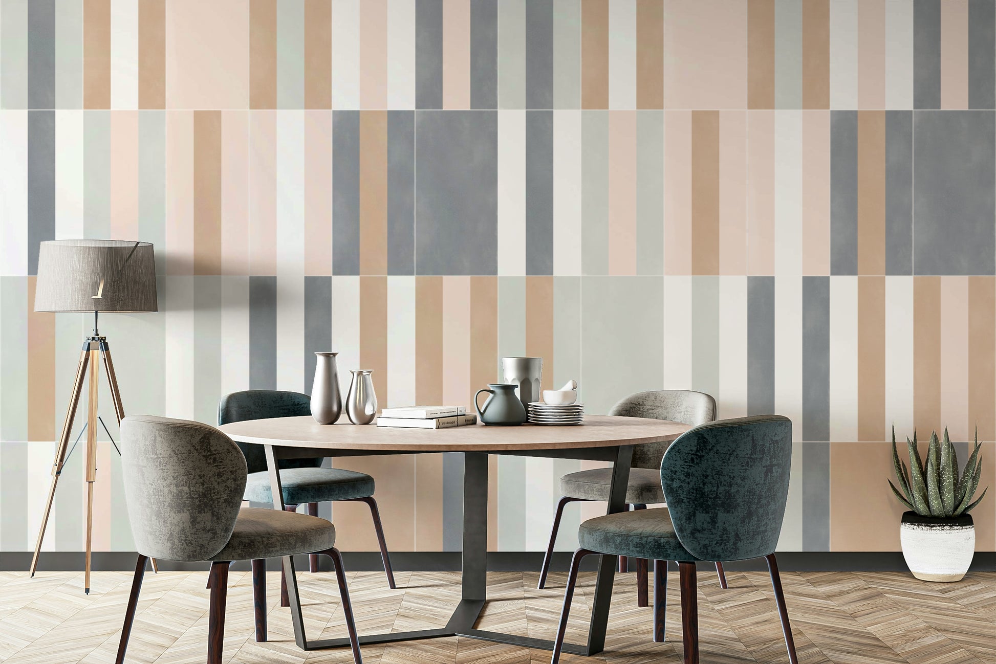 Decorative wall mural with faded pastel tile pattern

