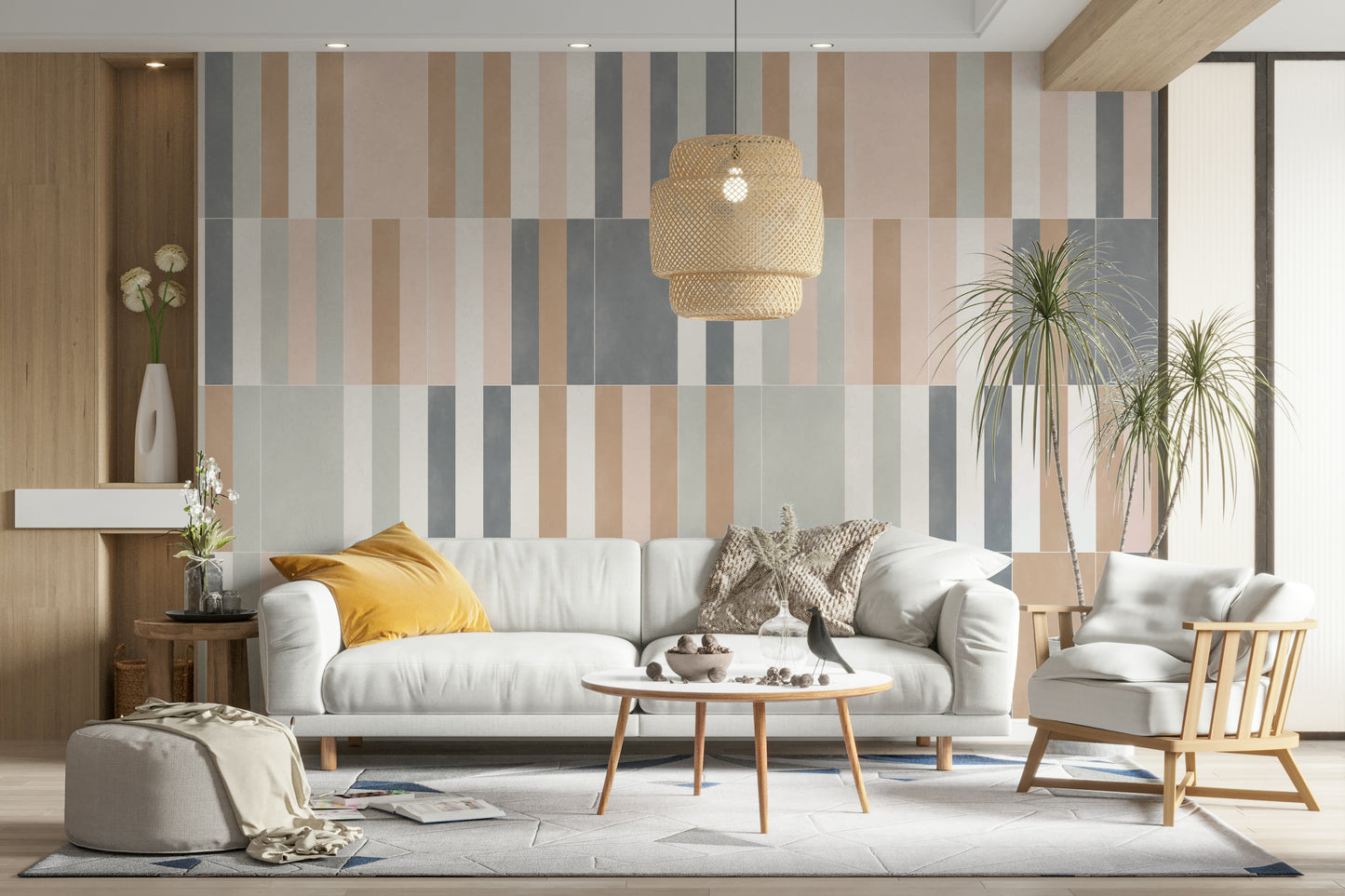 Artistic muted tile pattern mural in calming hues

