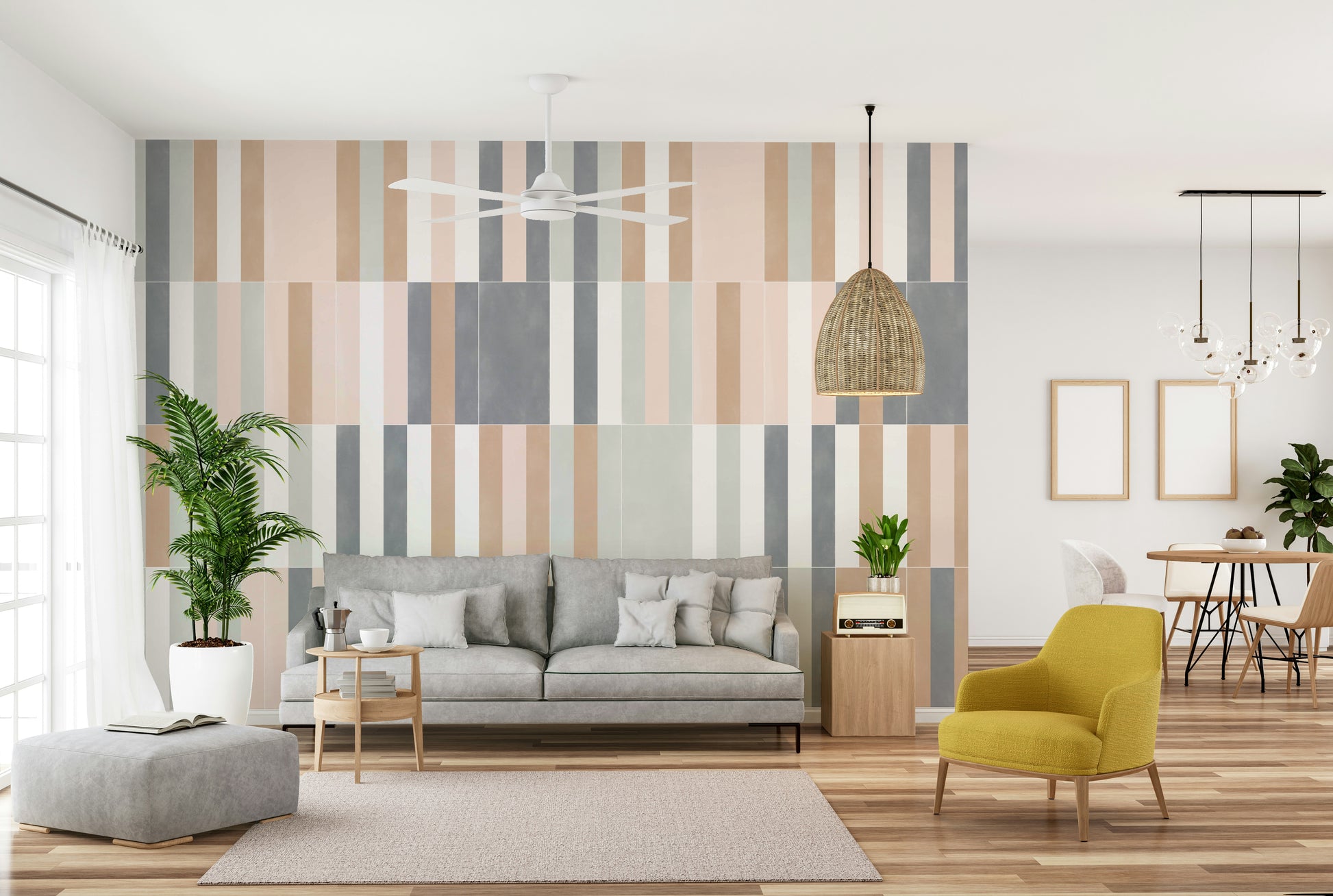 Modern tile-inspired mural in soft pastel colors


