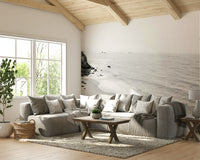 Dramatic black and white California coastline mural.

