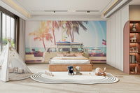 Colorful camper van mural adding a playful touch to rooms.

