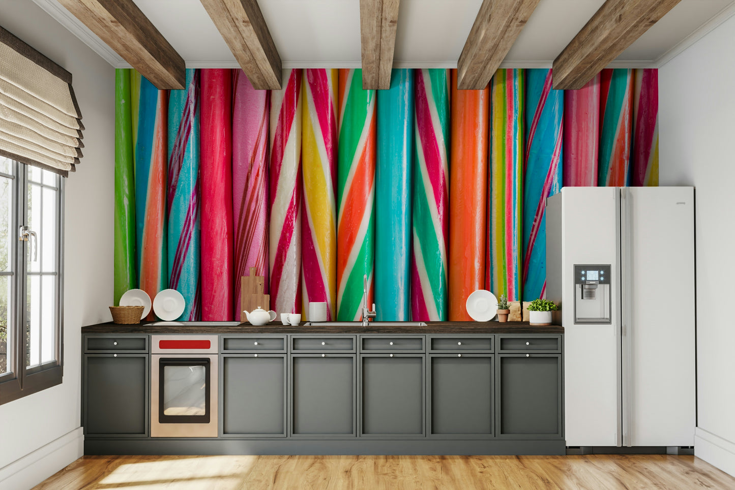 Colorful striped rock sweets mural for a cheerful atmosphere

