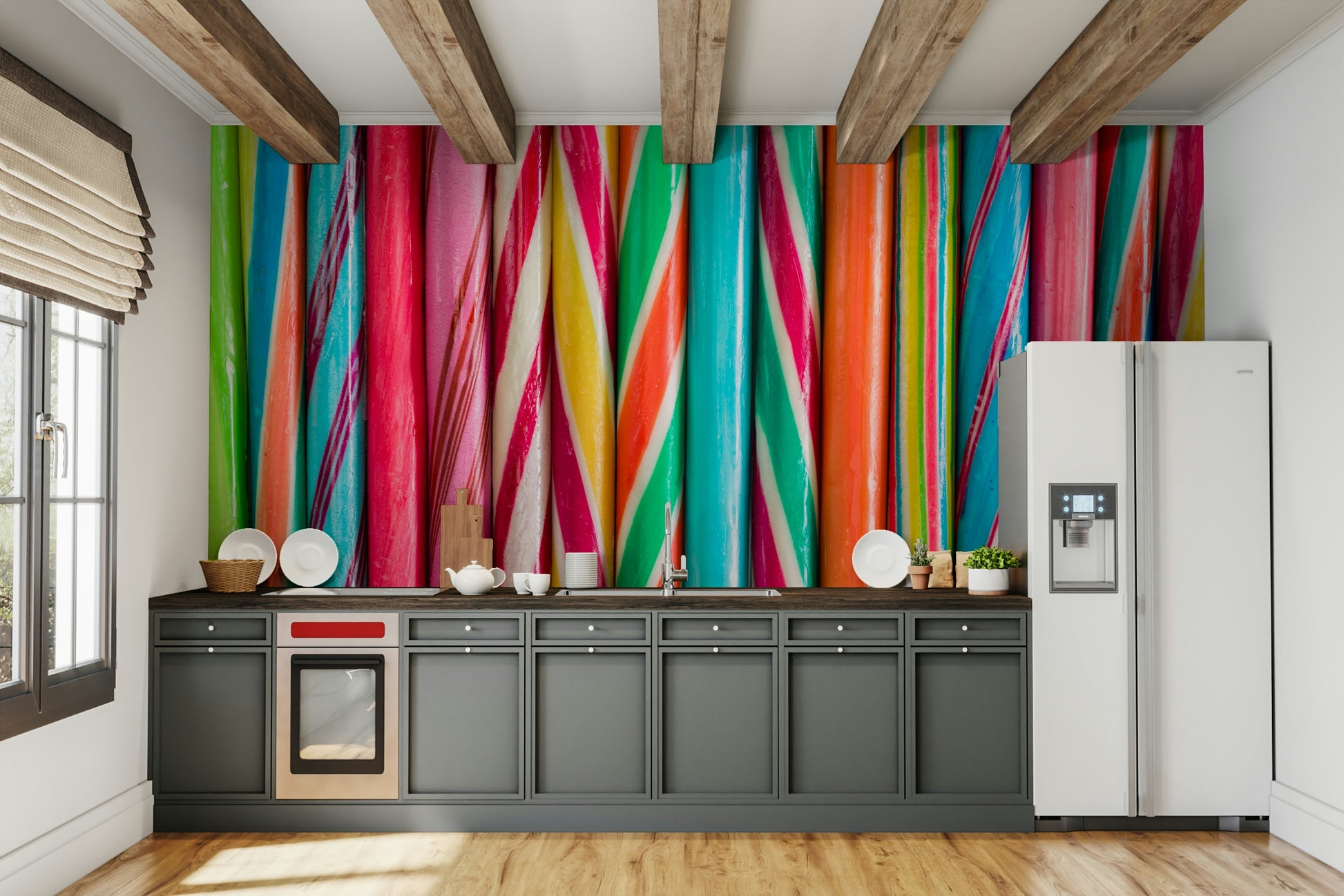Colorful striped rock sweets mural for a cheerful atmosphere

