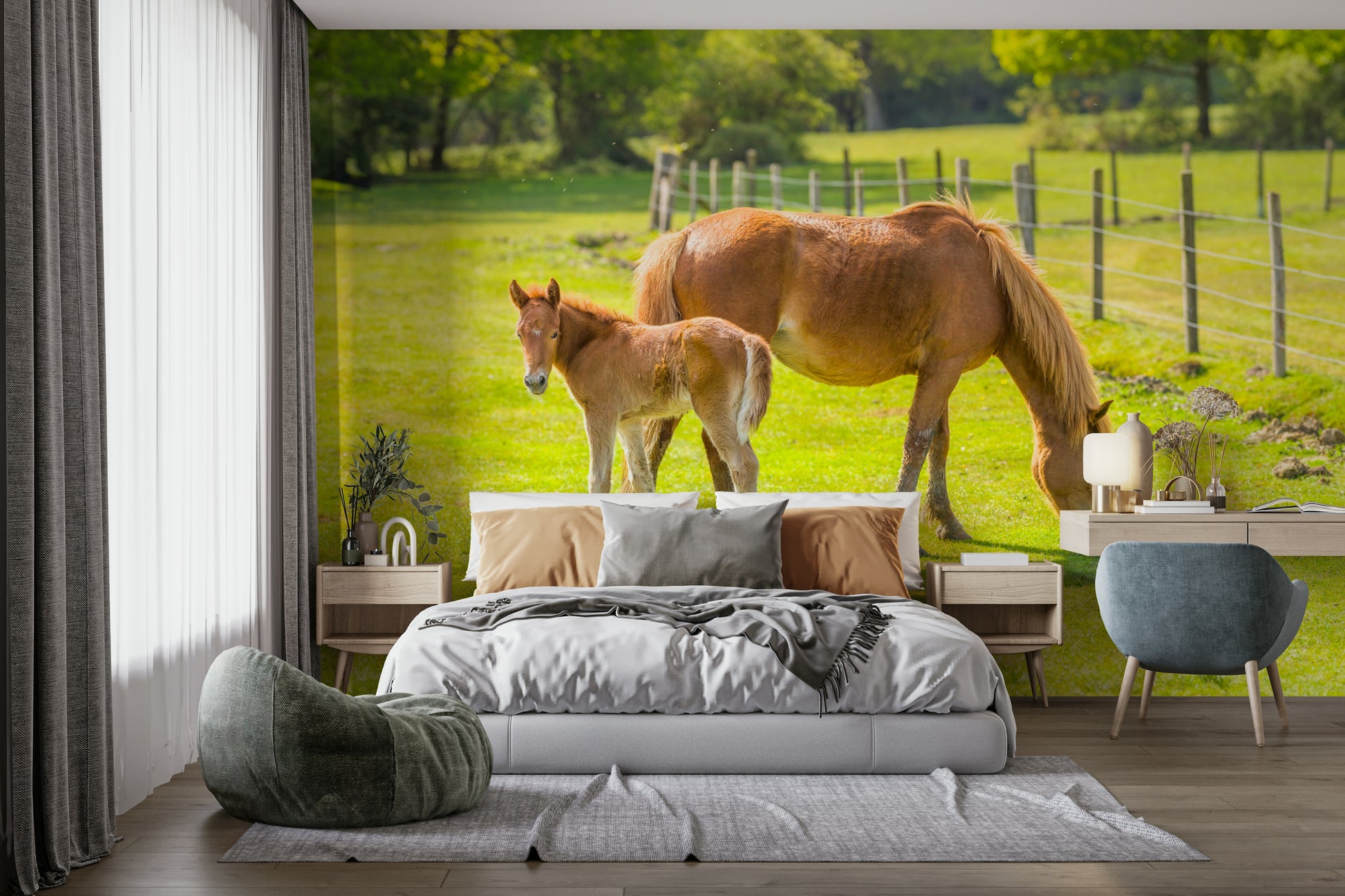 Serene horse and foal mural with rural landscape

