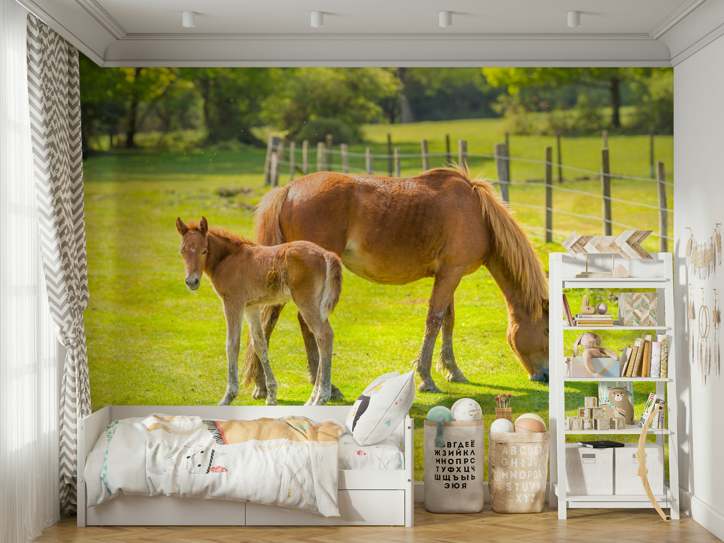Horse and foal mural in lush green field

