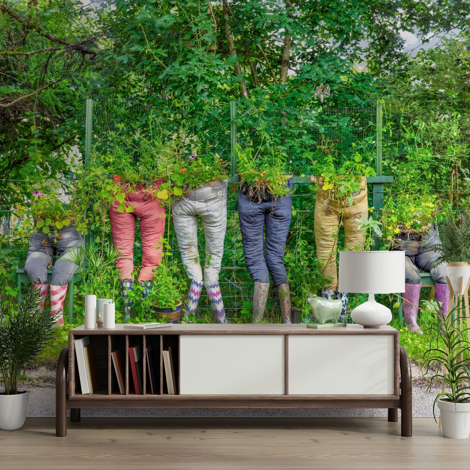Garden pants wall mural with vibrant plant designs

