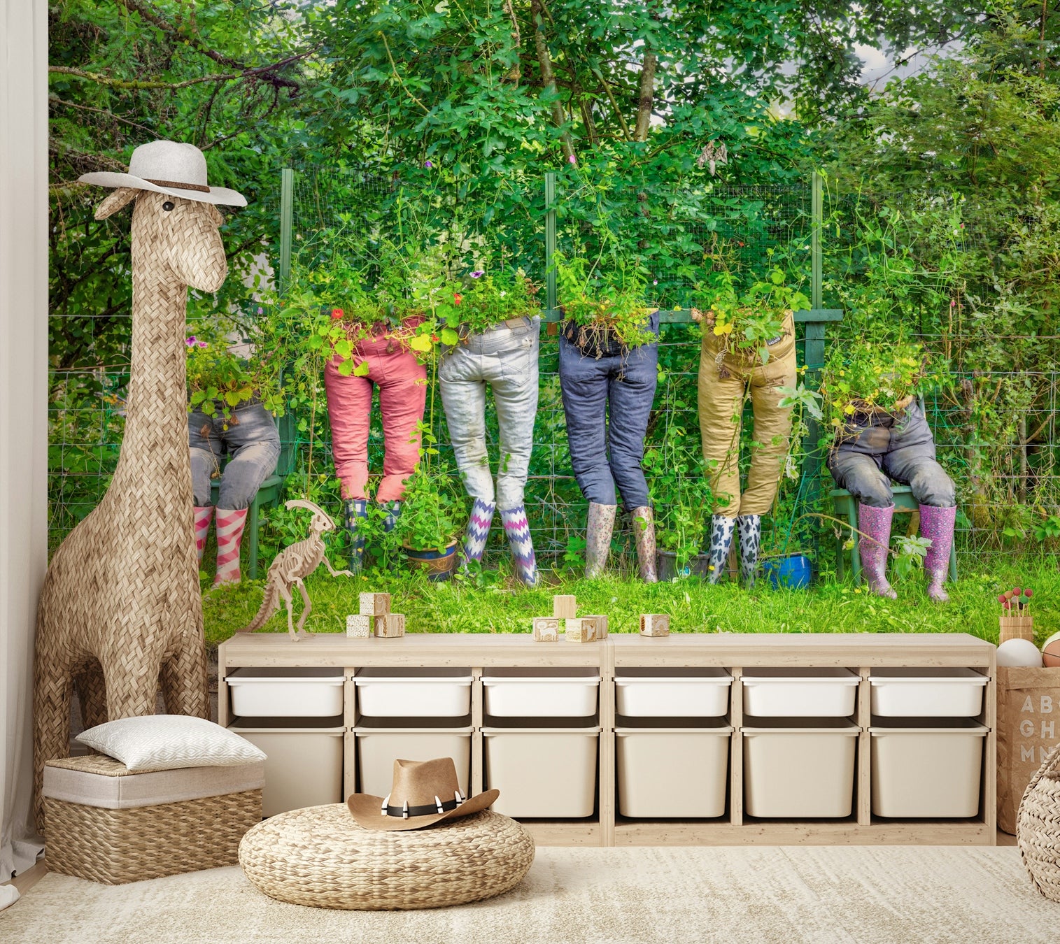 Lively garden pants mural with lush plant illustrations

