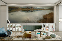 Scottish Kilchurn Castle mural with mist and mountain view

