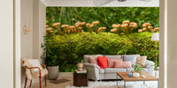 Rustic mossy log with mushrooms mural bringing nature indoors

