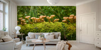 Enchanting mossy log mushrooms mural for natural spaces

