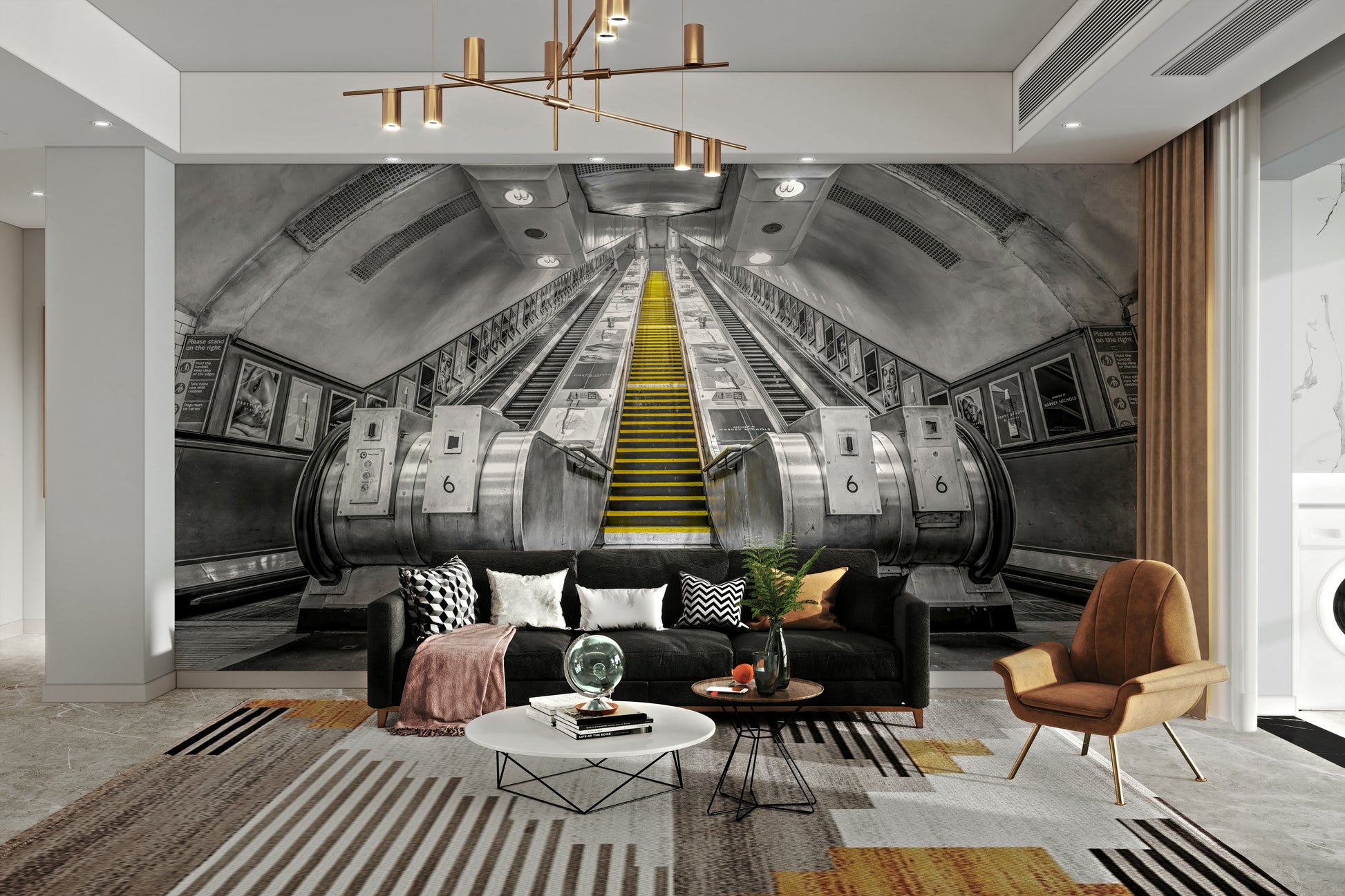 Escalator in subway with yellow steps as mural art

