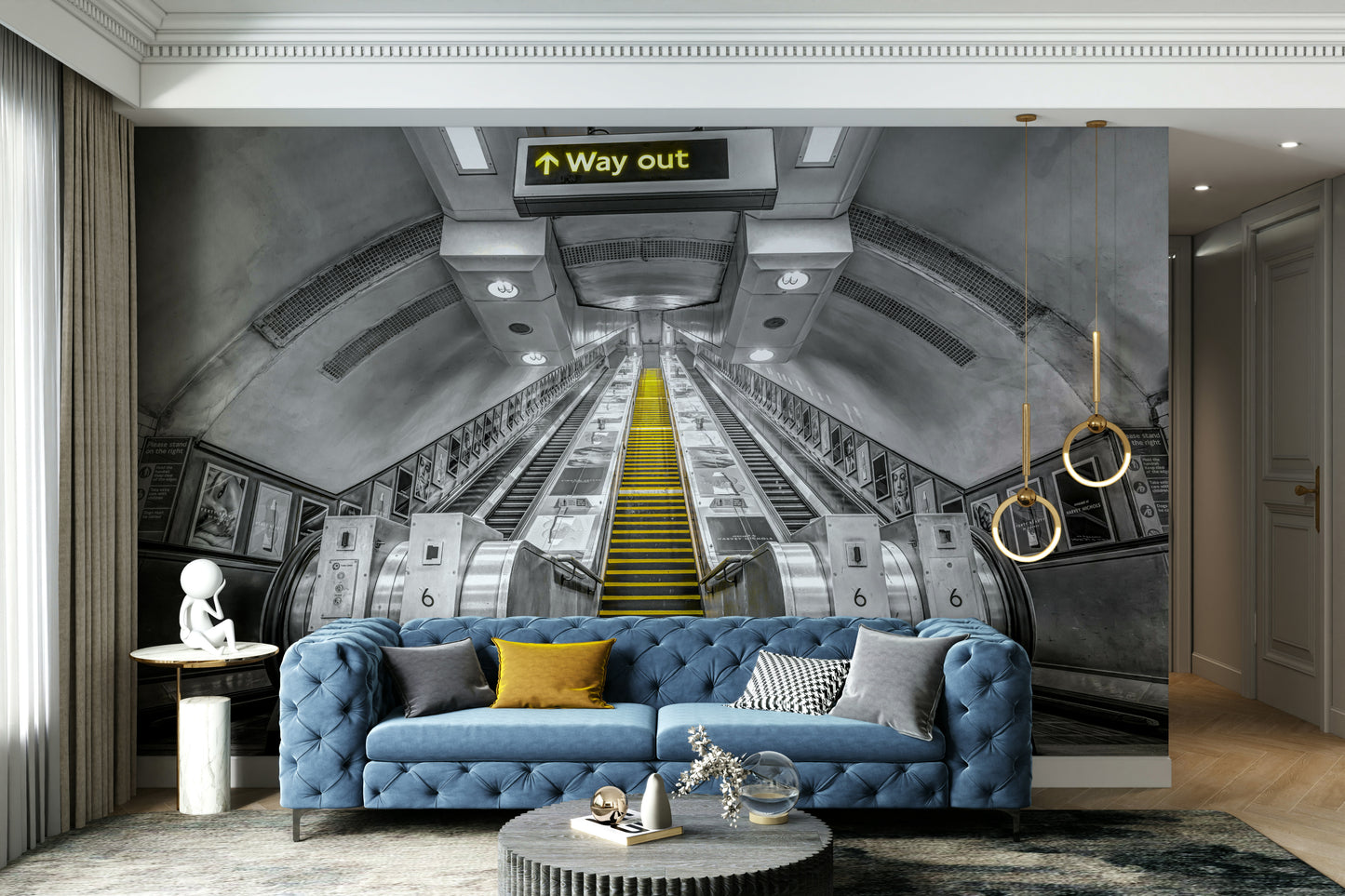 Subway escalator wall art with ‘Way Out’ sign

