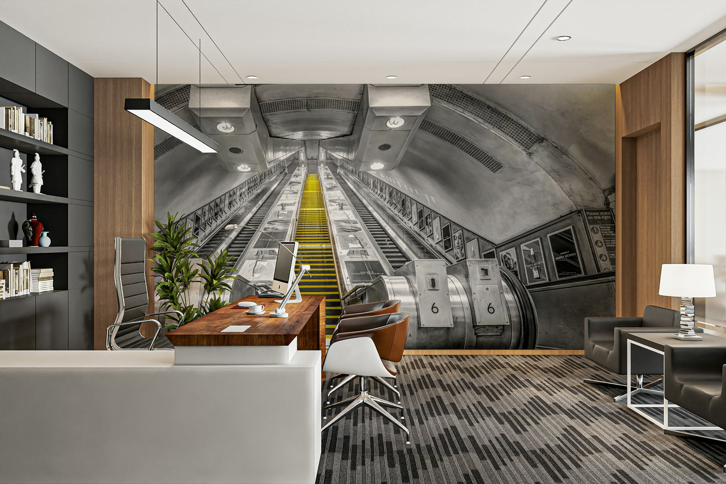 Vibrant yellow escalator steps in subway mural design

