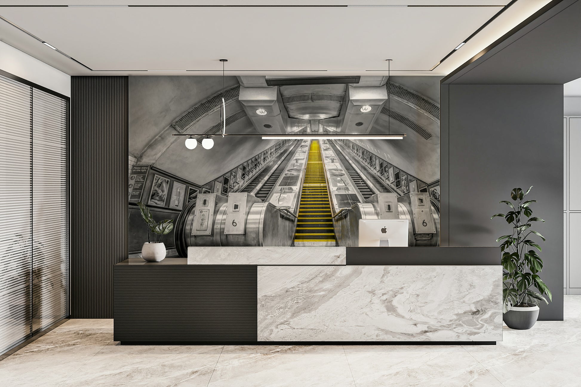 Subway escalator mural with dramatic monochrome style

