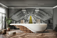 Subway escalator wall mural with yellow accents

