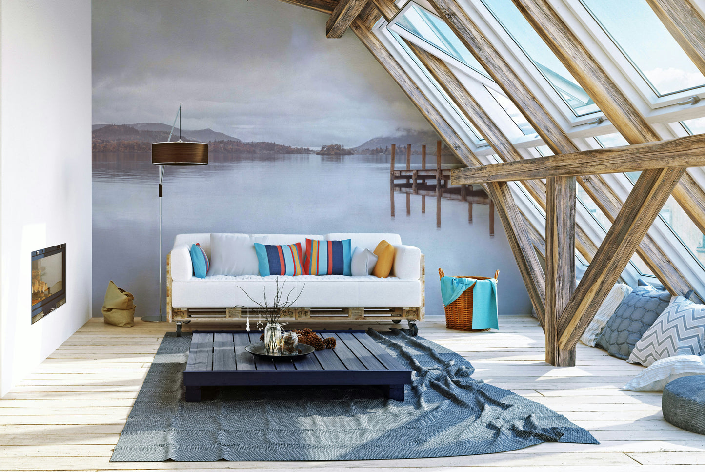 Quiet lakeside pier mural featuring misty mountains and calm waters.

