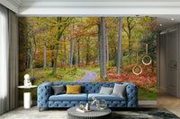 Serene autumn drive mural featuring golden hues and trees.

