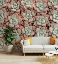 Green and pink botanical mural wallpaper
