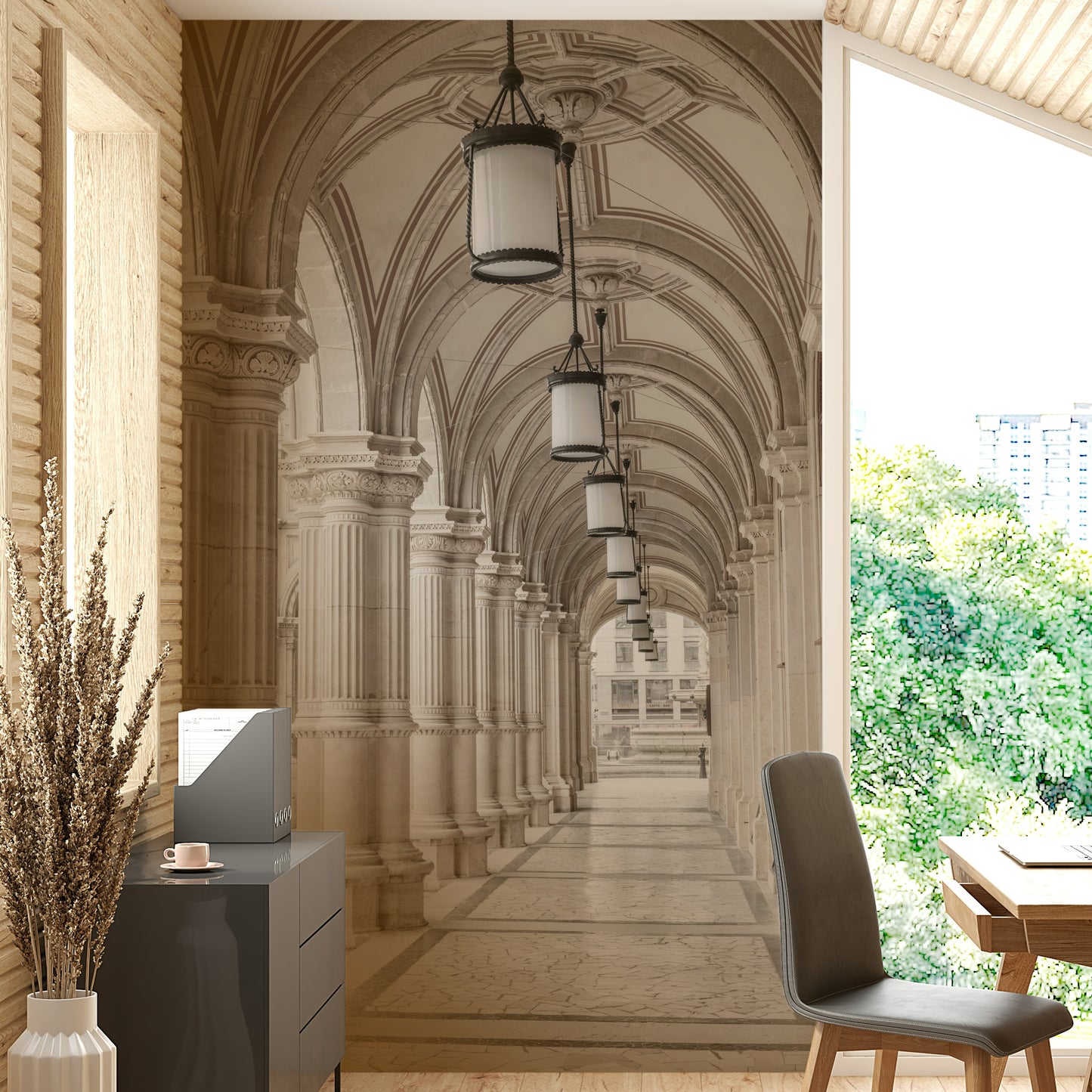Arched ceiling mural wallpaper in soft beige tones

