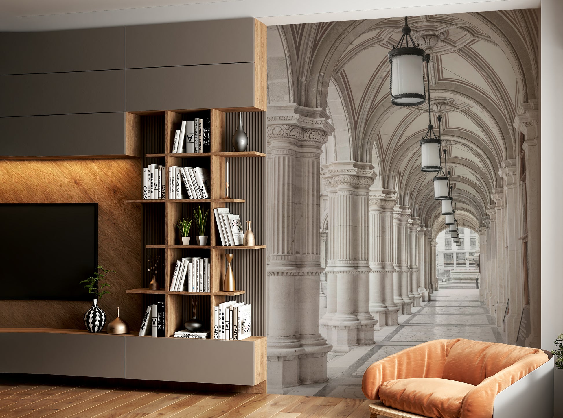 Historic colonnade wall mural with symmetry

