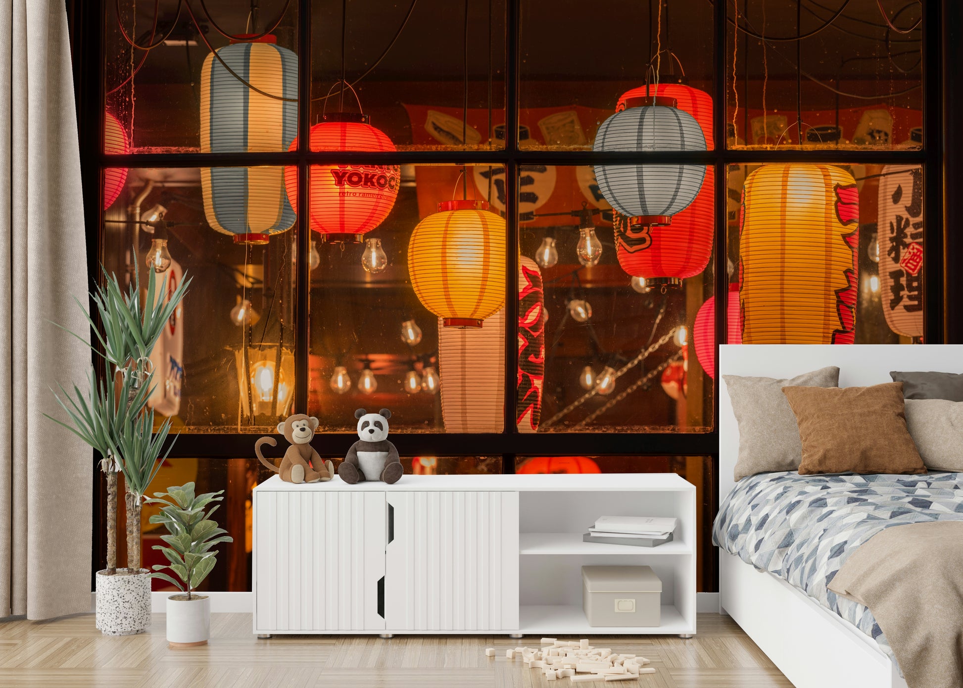 Wall mural with hanging paper lanterns

