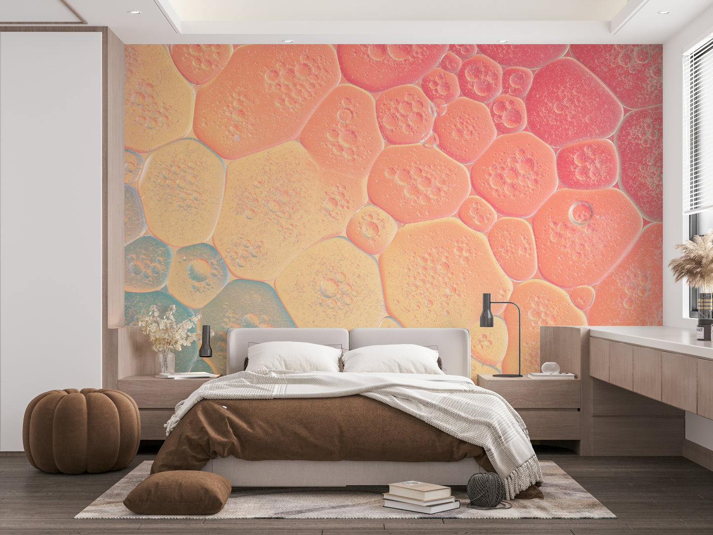 Coral, peach, and teal bubble pattern wall mural.

