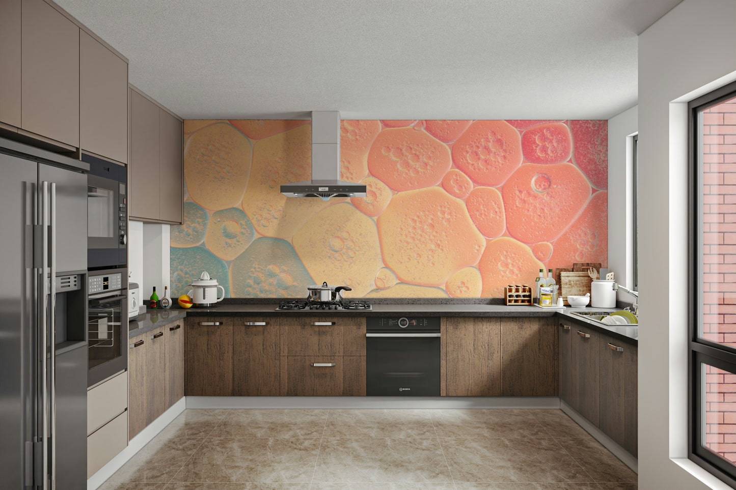 Light and airy mural of gradient bubbly shapes.

