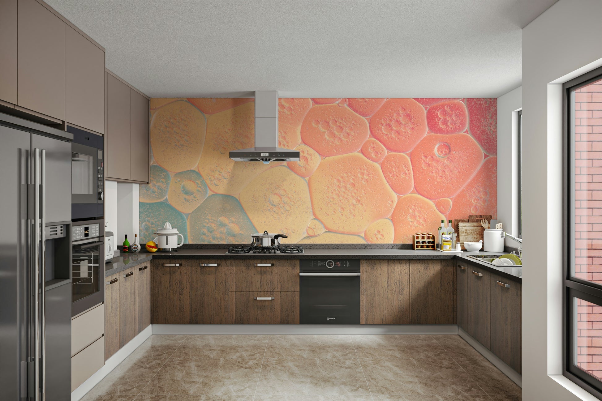 Light and airy mural of gradient bubbly shapes.


