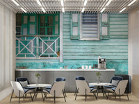 Retro-style mural with old shutters and porch railings.

