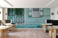 Vintage cottage facade in aqua mural wallpaper.

