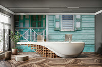 Mural wallpaper of wooden siding and weathered window.

