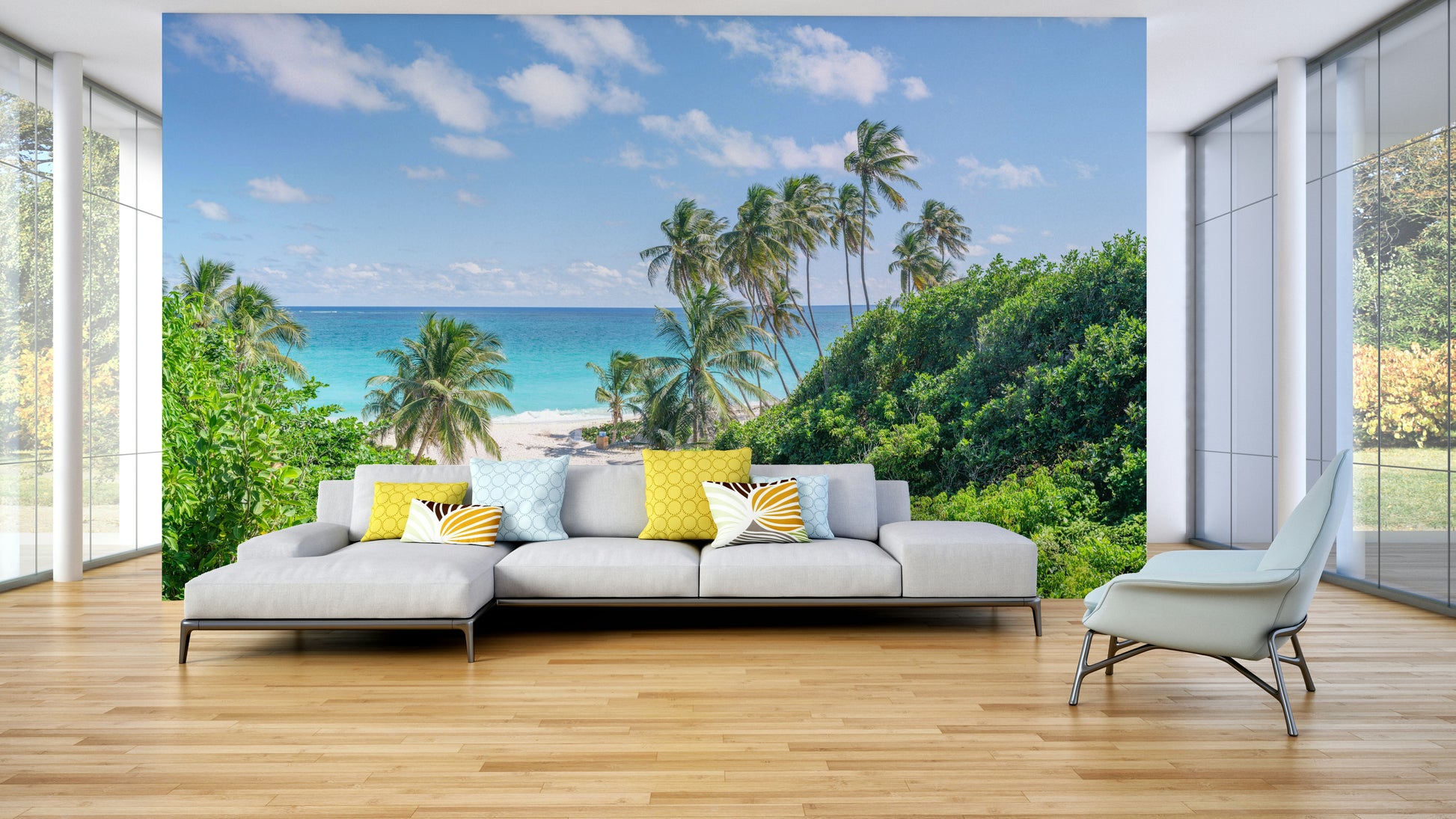 Wallpaper featuring a Caribbean-style beach with foliage.

