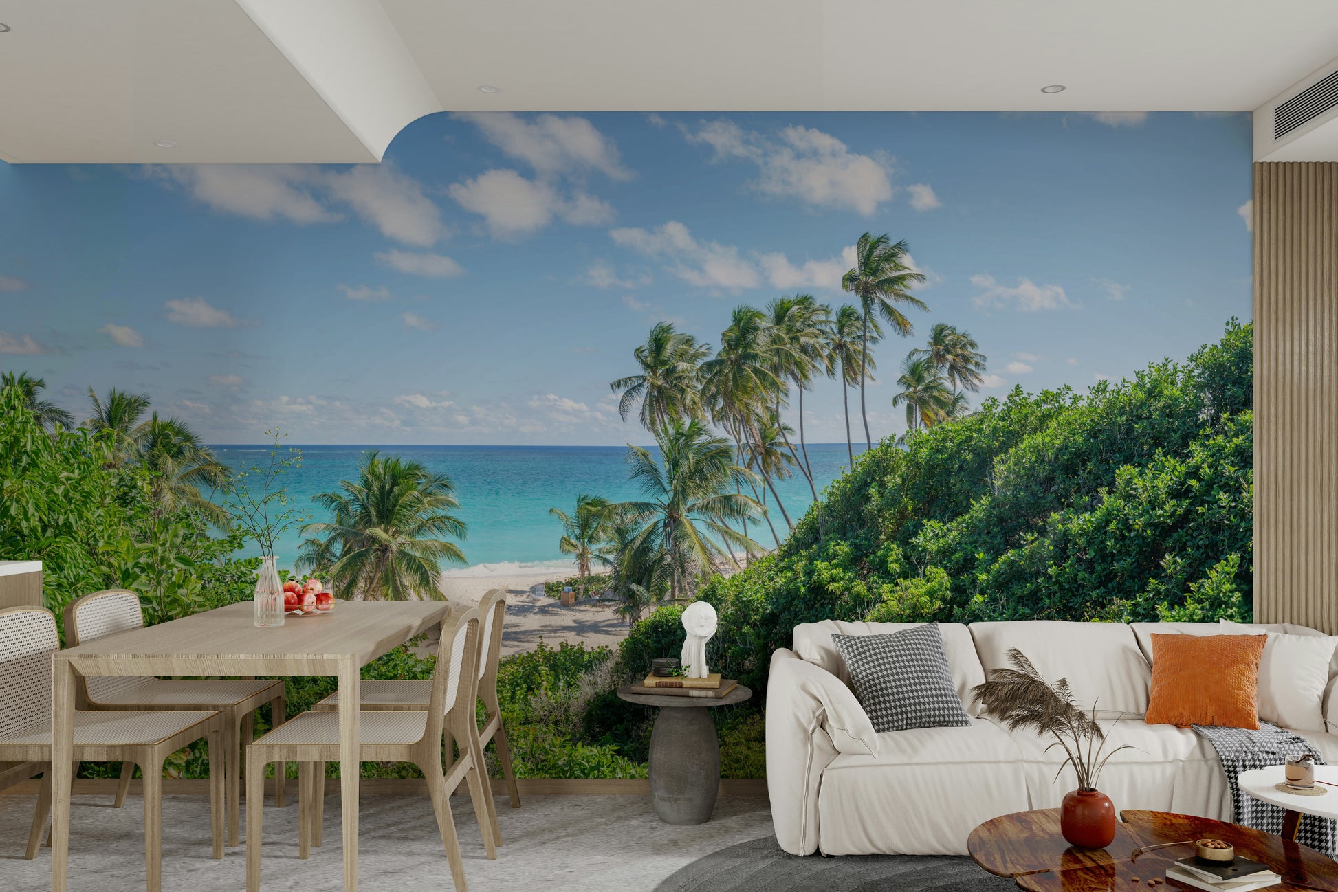Wallpaper mural of palm trees on sunny white sand beach.

