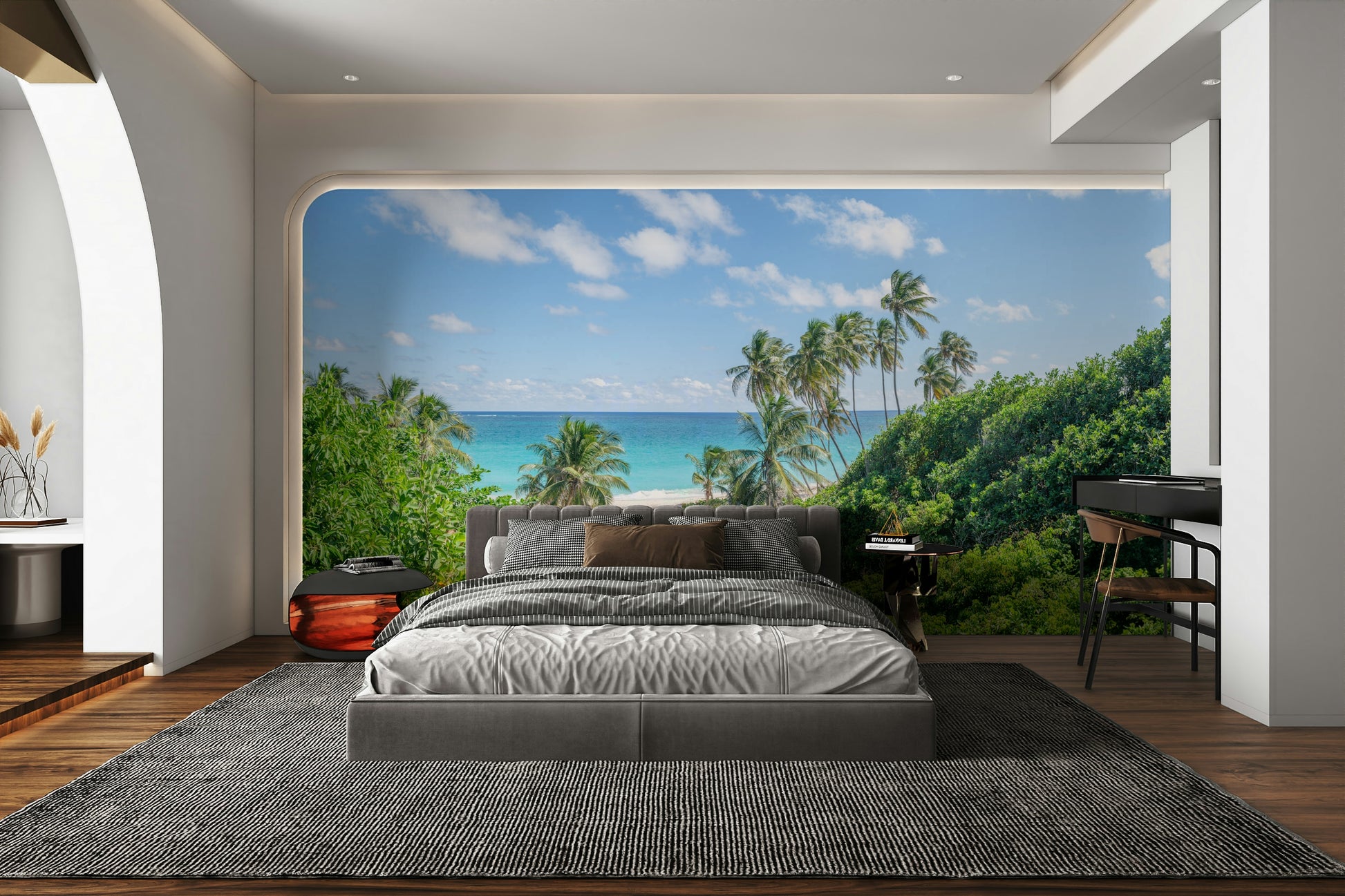 Scenic tropical beach wall design with palm shadows.

