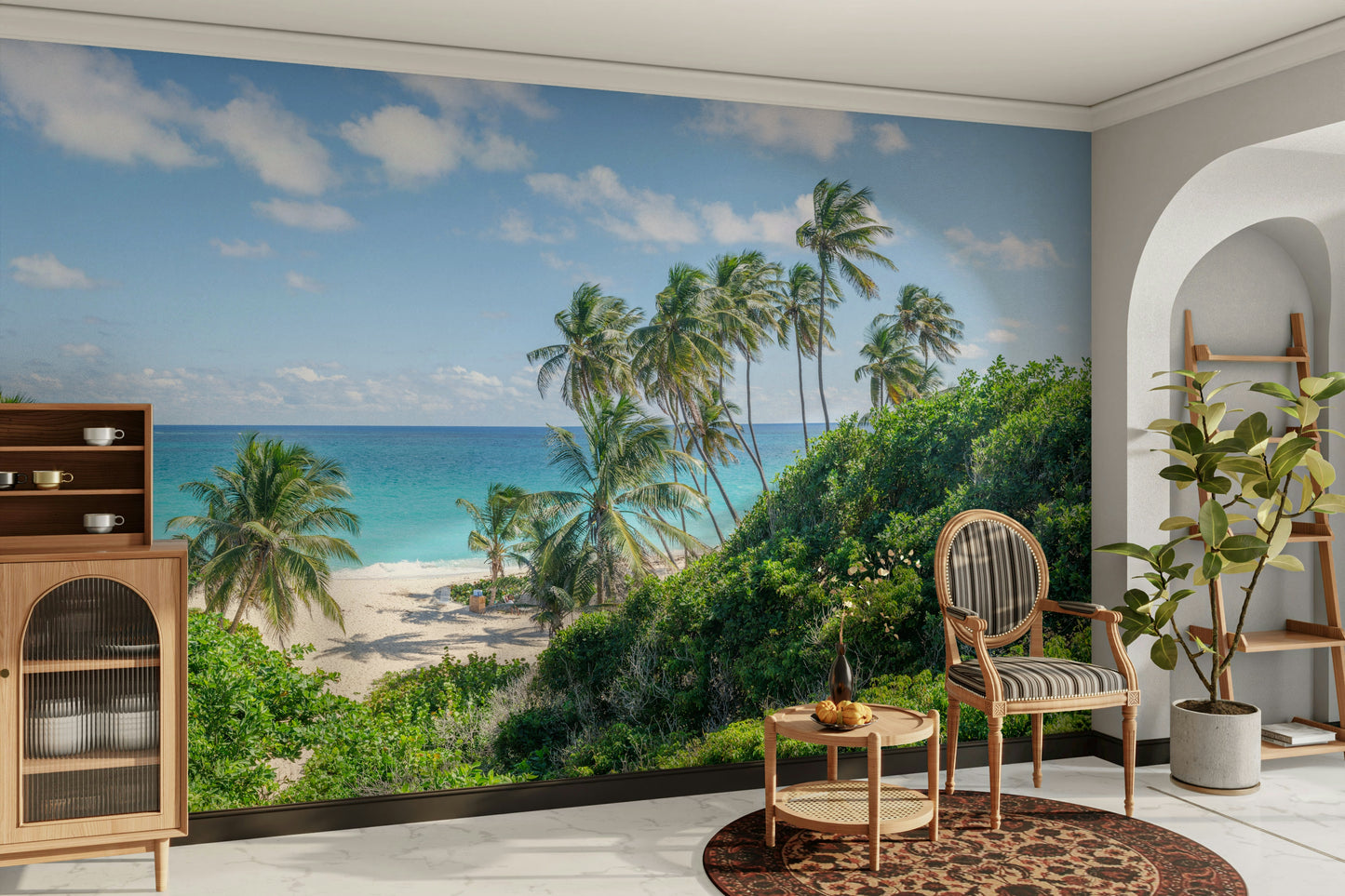 White sand and ocean mural for beach-inspired interiors.

