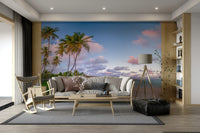 Tranquil island wall mural with pastel sky and horizon.

