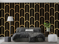 Black background mural with gold curved column outlines.

