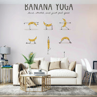 Yellow banana characters in yoga poses for a happy mural.

