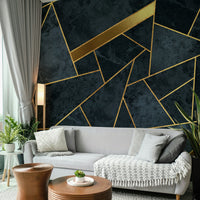 Elegant blue and gold mural with a modern tile-like texture.

