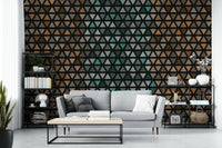 Earthy wall mural with geometric design for boho-style spaces.

