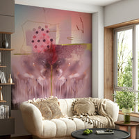 Textured wall mural with conceptual forms and artistic composition.

