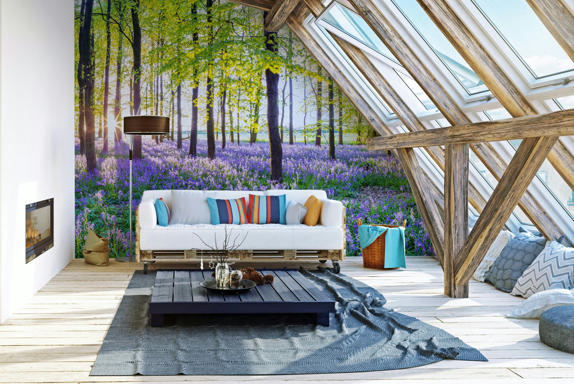 Sunlit bluebell woods wall mural

