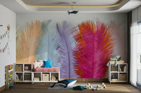 Pastel feather wall mural in soft pink, purple, and blue

