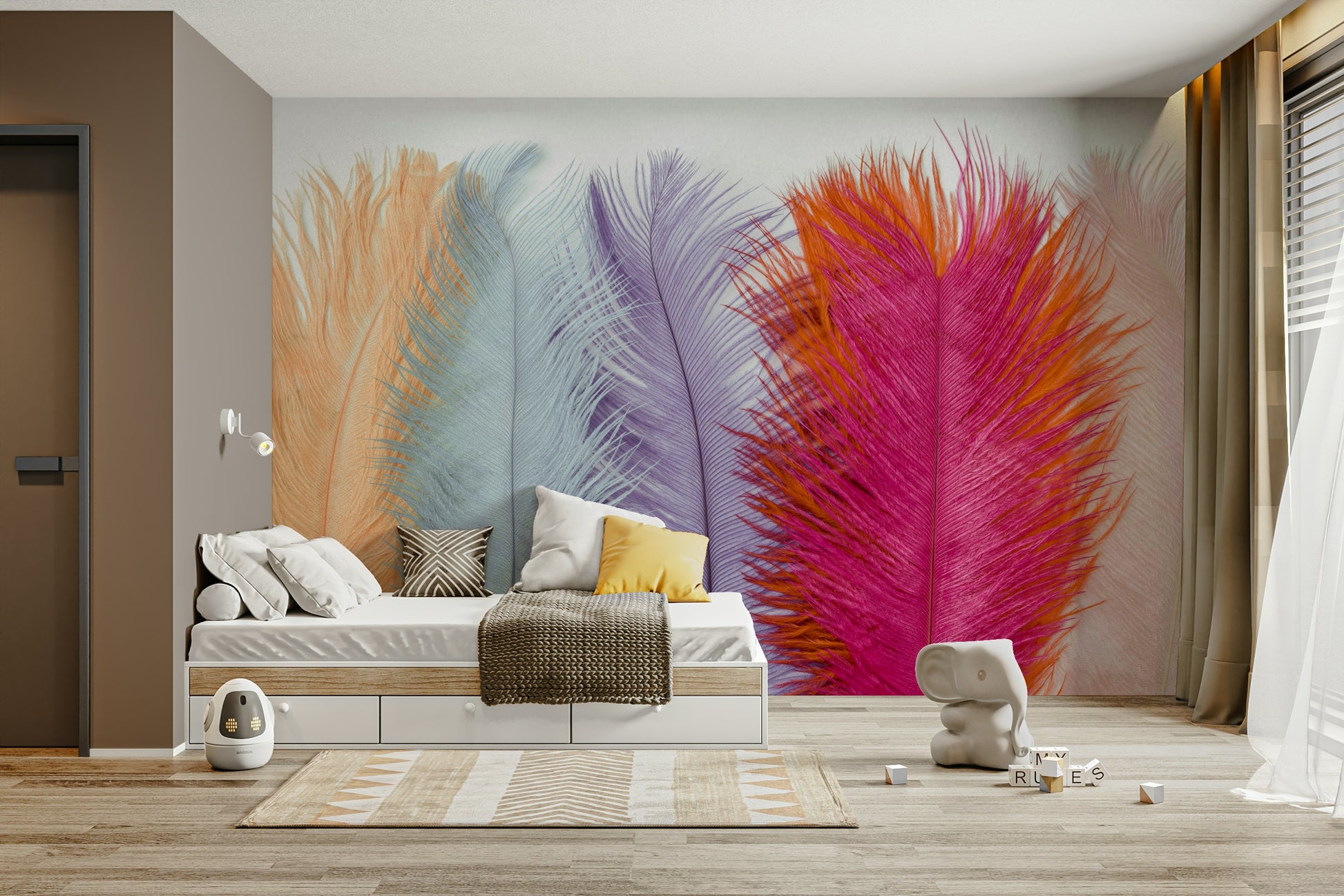 Light pastel feather wallpaper for airy home interiors

