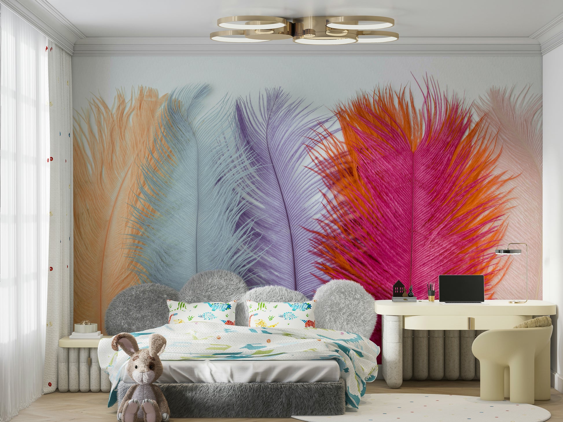 Subtle pastel feather mural design adding elegance to walls

